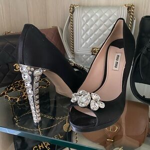 Miu Miu Black Satin Silk Crystal Embellished Open Toe Pumps